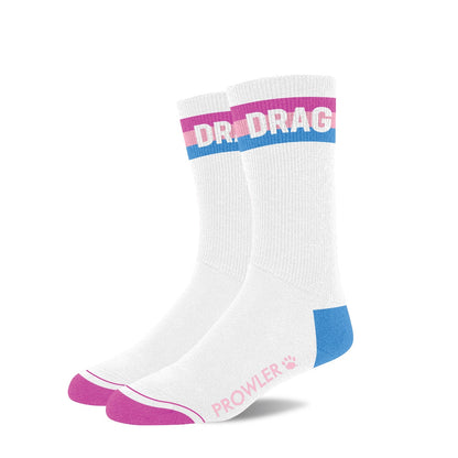 White sock with pink and blue accents featuring 'Drag' branding on a white background