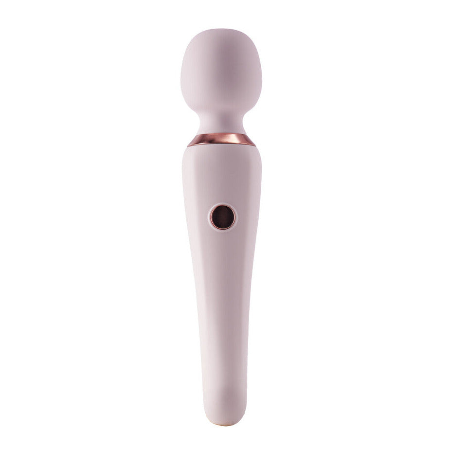 White and rose gold handheld massage device on a white background