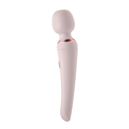 White handheld electronic vibrator device with a rose gold accent on a white background