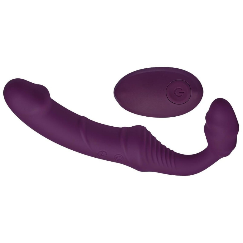 Purple silicone strap-on with a circular remote control on a white background