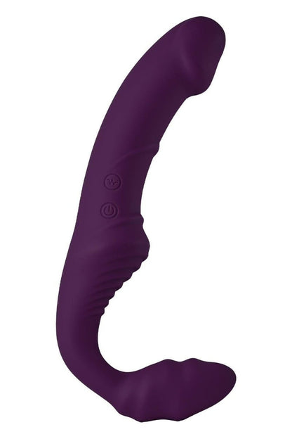Purple silicone strapless strap-on with buttons on a white background