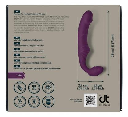 Product packaging of a purple vibrator with dimensions and branding on a beige background