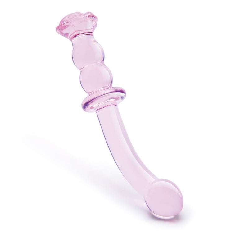 Dream Toys Glaze Glass Rosebud G-Spot Beaded 8 Inch Curved Dildo on a white background