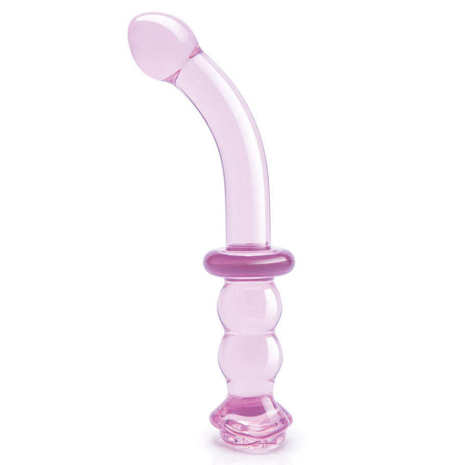 Dream Toys Glaze Glass Rosebud G-Spot Beaded 8 Inch Curved Dildo on a white background