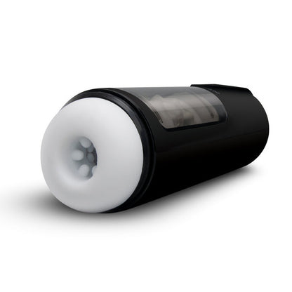 Black and white cylindrical masturbator device on a white background