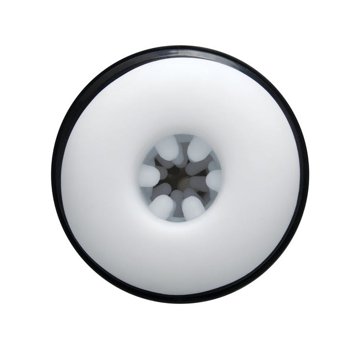 Round white masturbator with black rim on a white background