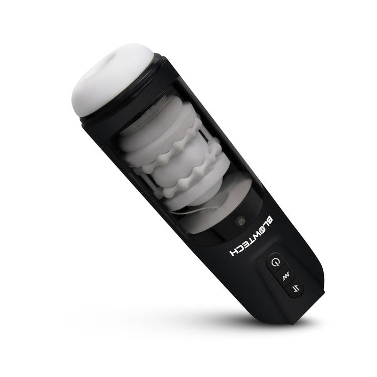 Black and white auto stroker masturbator on a white background