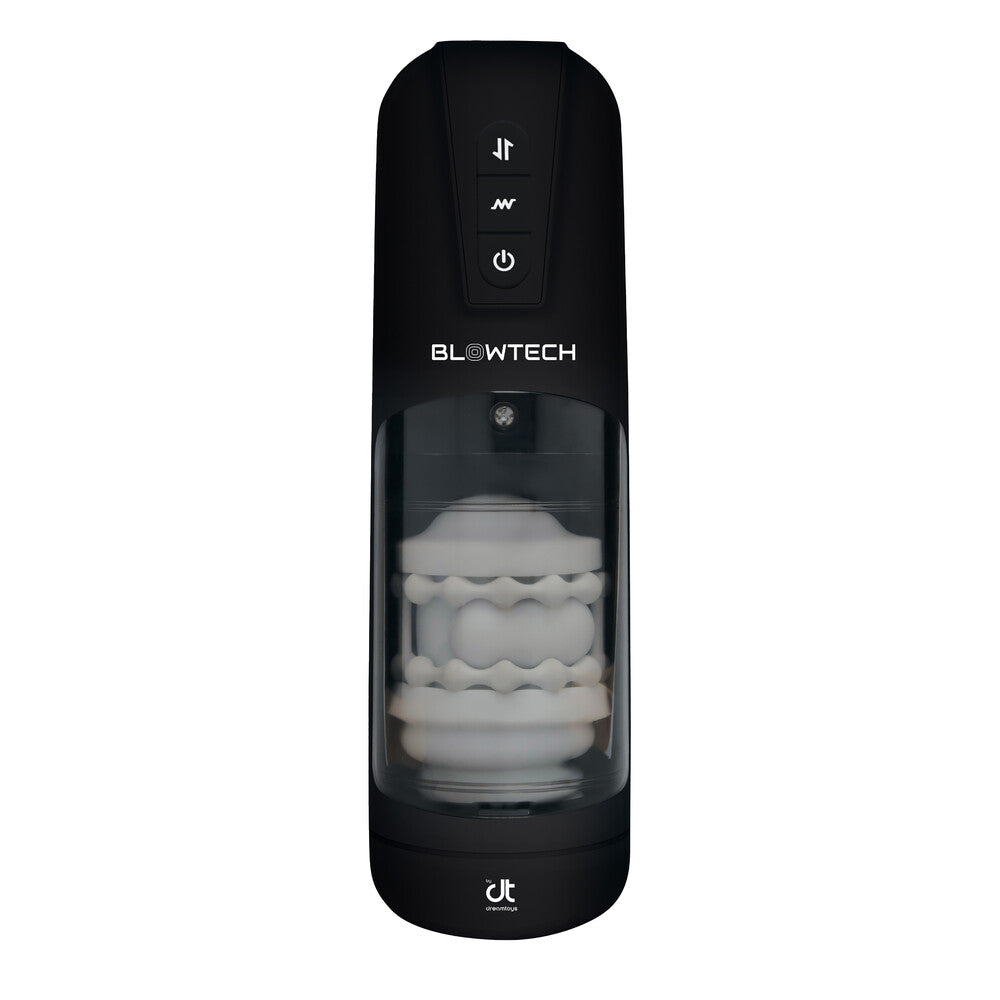 Black blowtorch auto stroker masturbator with control panel on a white background