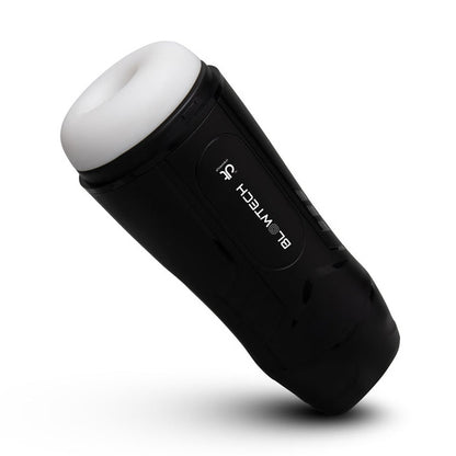 Black and white electronic masturbator device on a white background