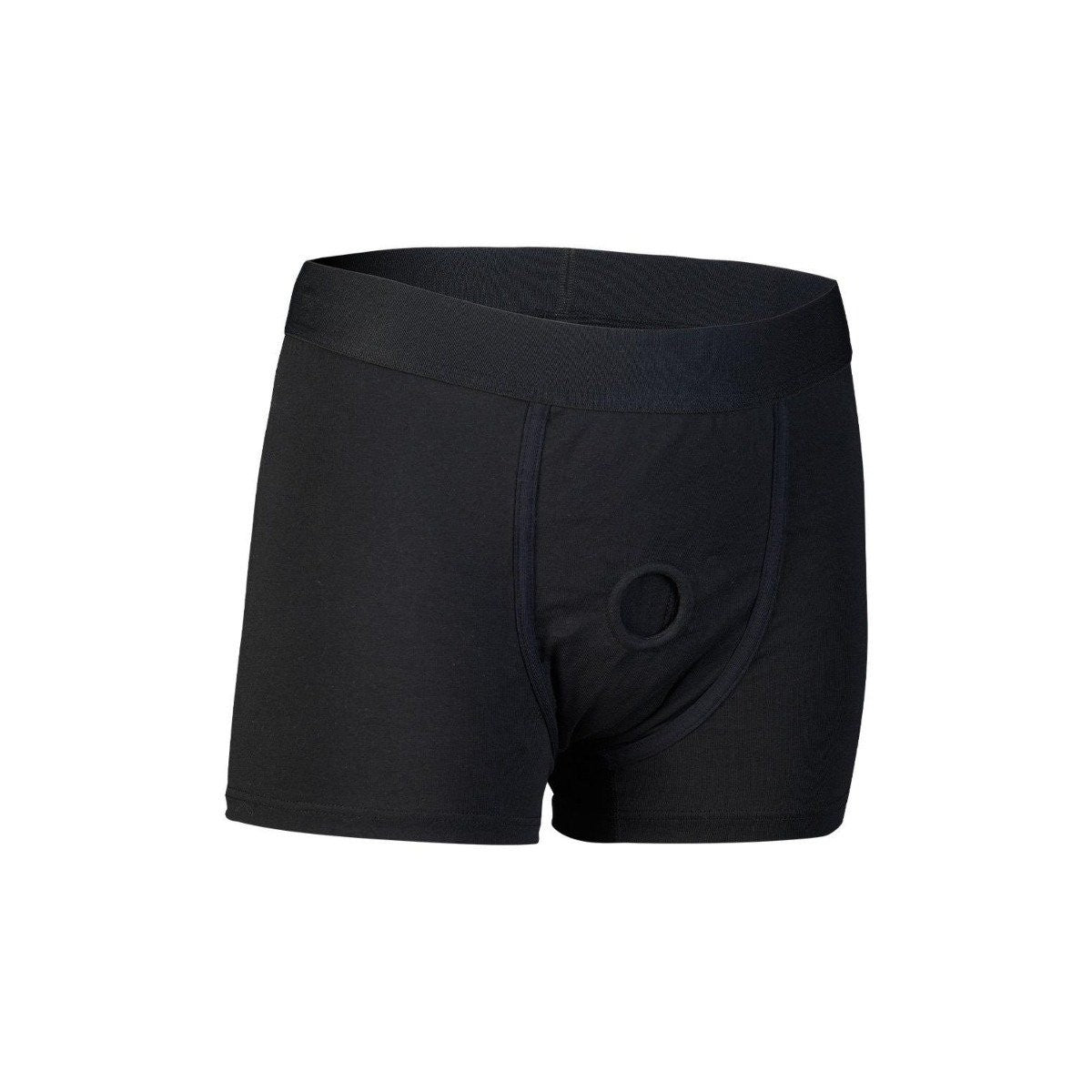 Black boxer briefs on a white background