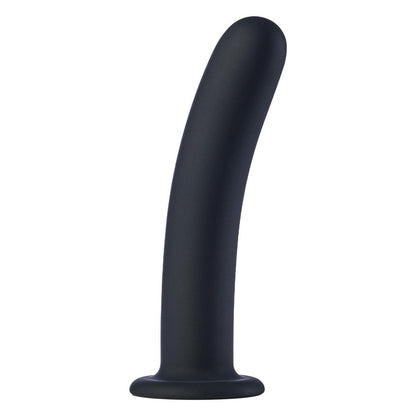 Black silicone dildo on a white background