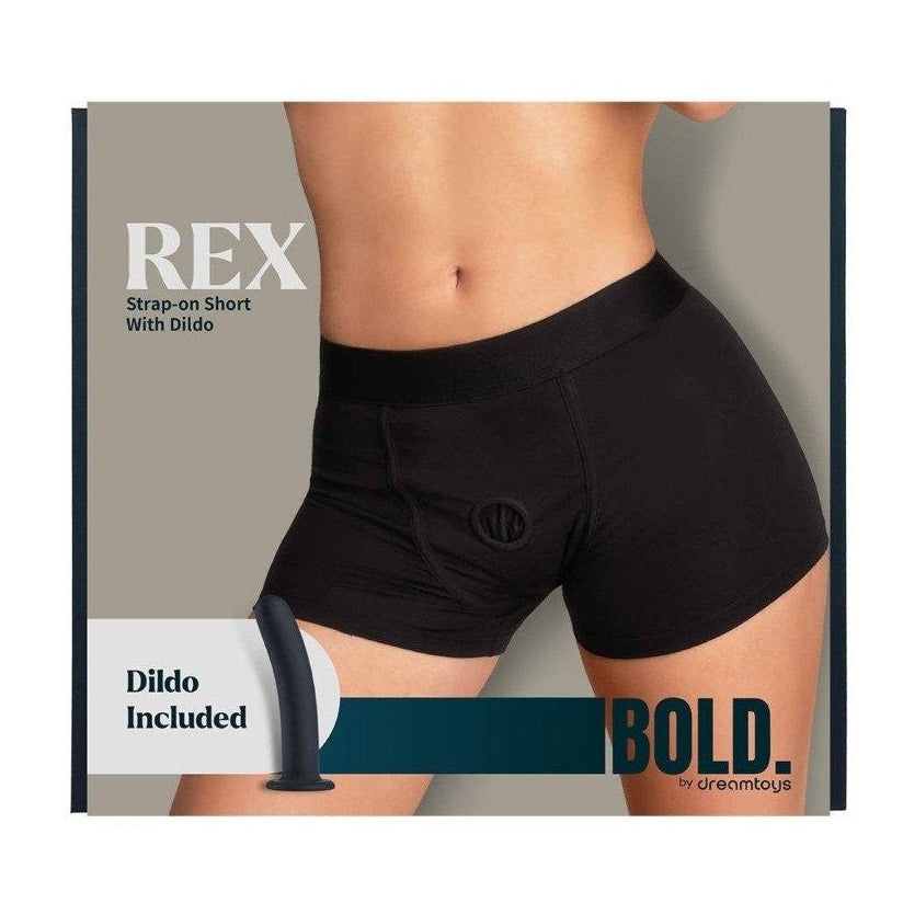 Black strap-on shorts with visible branding on a plain background