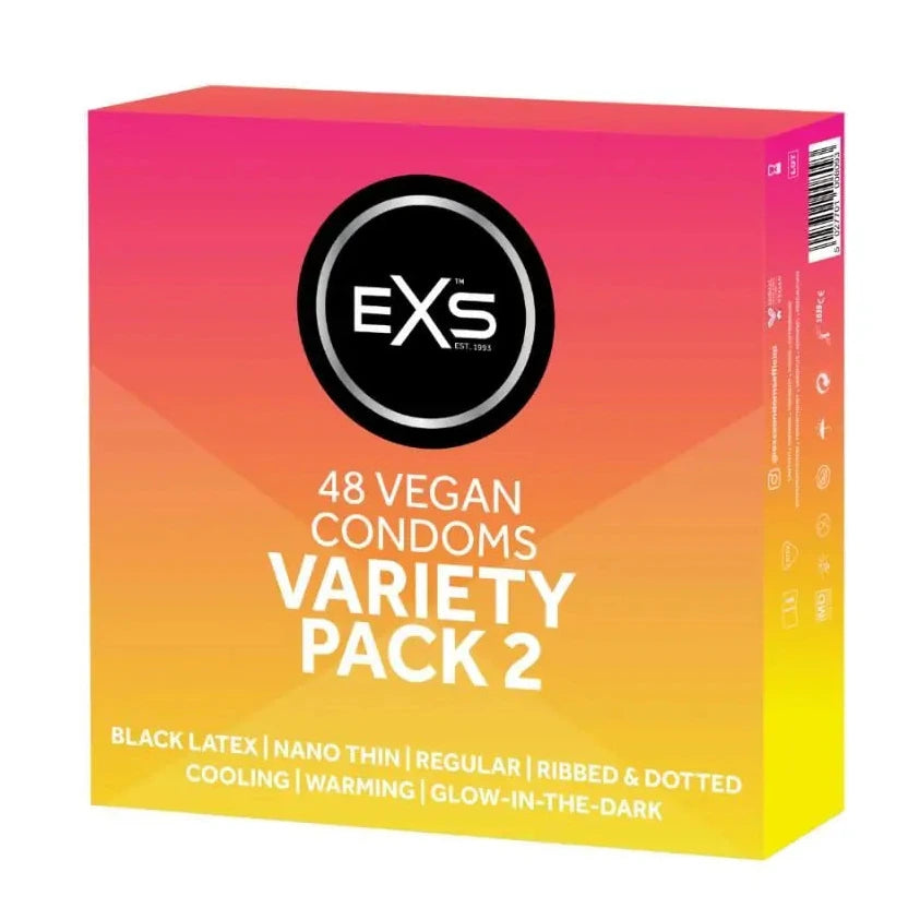 EXS Variety 48 Pack Condoms Black Latex - Nano Thin - Ribbed & Dotted - Cooling/Warming - Glow In The Dark