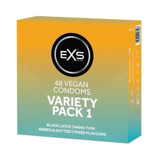 Box of EXS vegan condoms variety pack on a white background