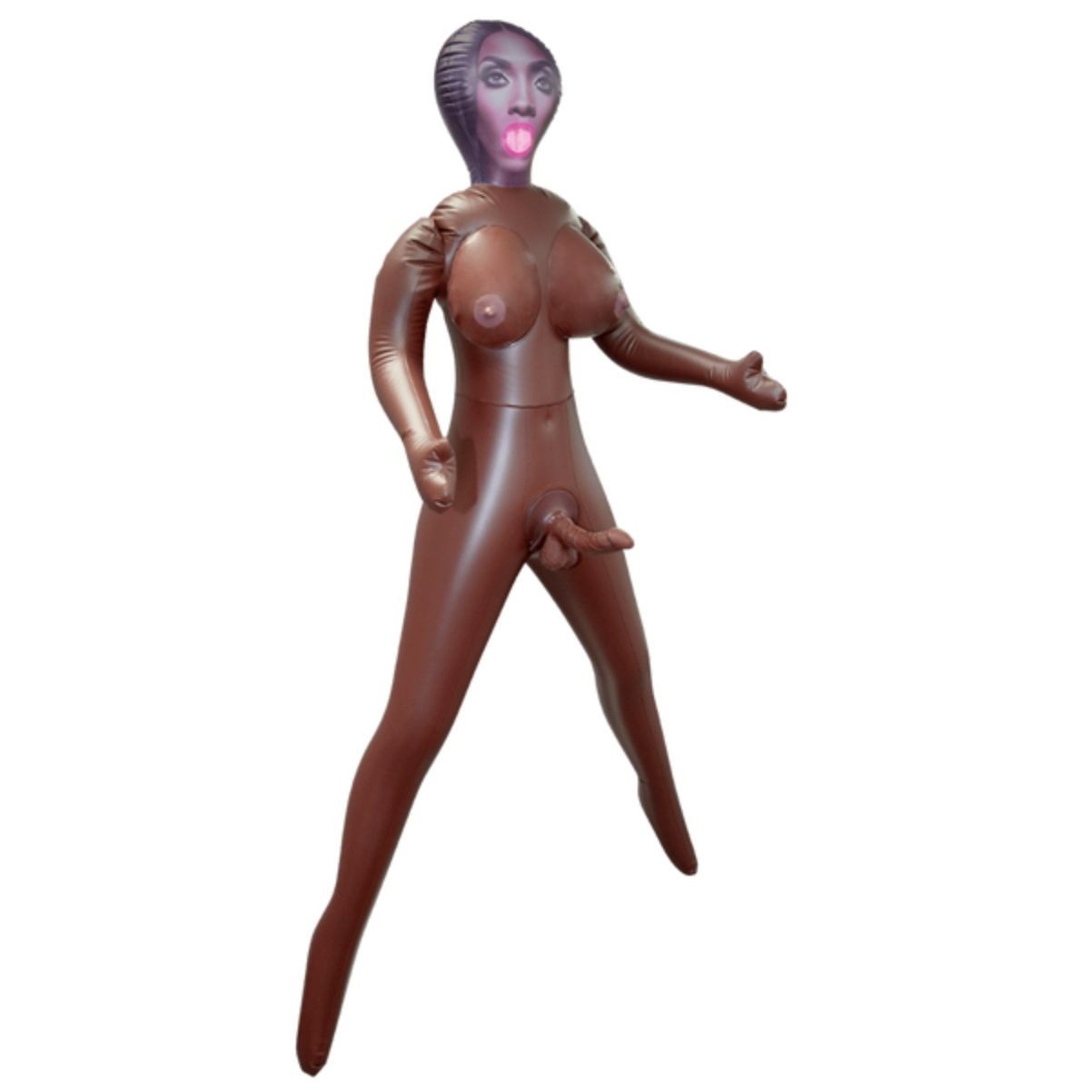 Brown trans sex doll with a white background