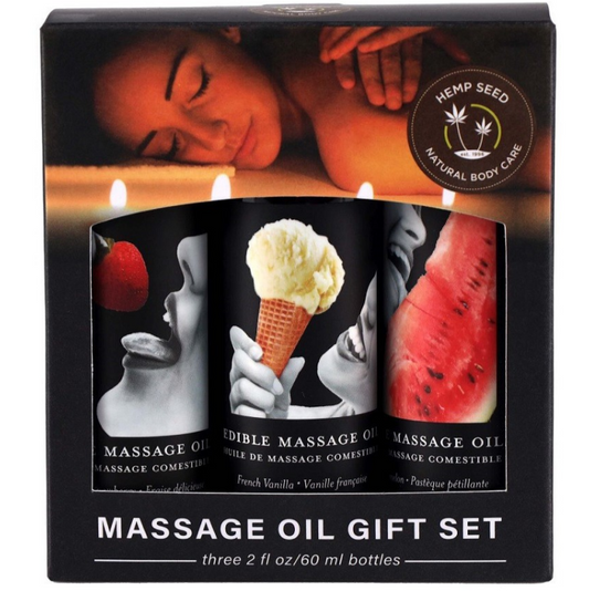 Massage oil gift set packaging with images of massage oils and a person receiving a massage.