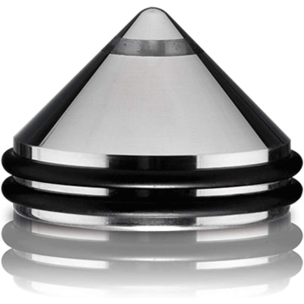 Conical metal object with black rubber band on a white background