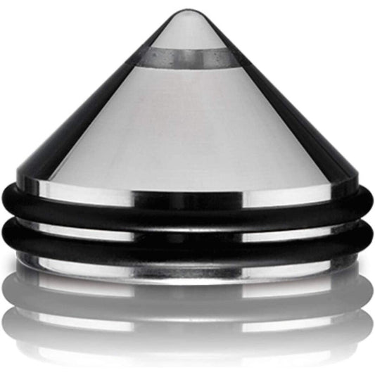 Conical metal object with black rubber band on a white background