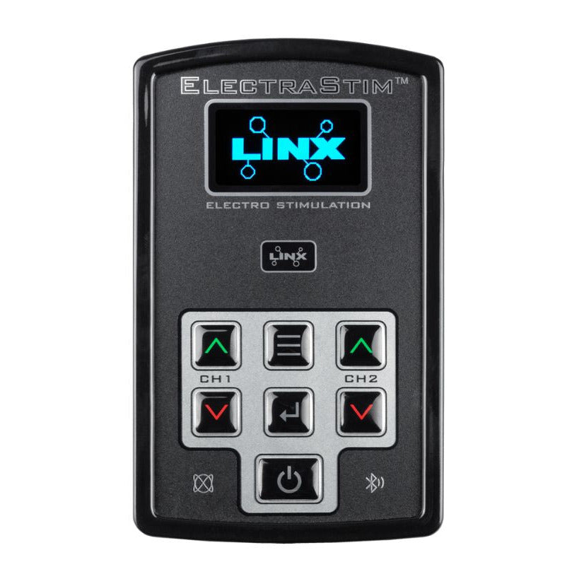 ElectraStim Linx Dual Channel App Controlled E-Stim Tens Electro Stimulator on a white background