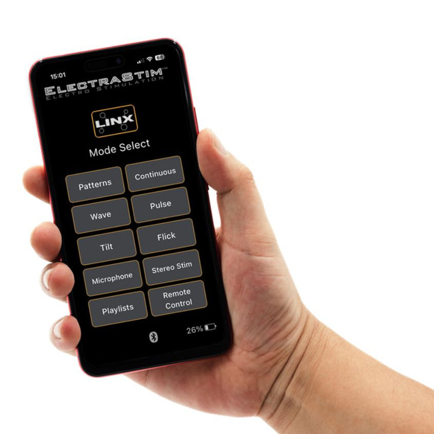 Hand holding a smartphone displaying the Electrastim LINX app on a white background