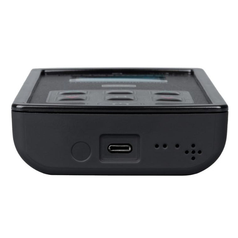 Black electronic device with ports on a white background