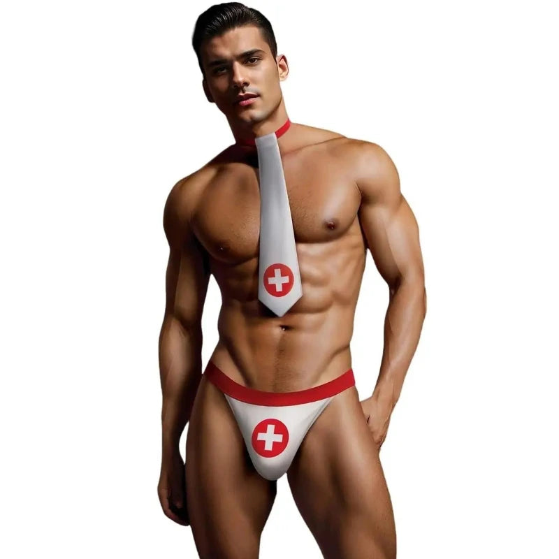 Man wearing a white tie with a red cross and red underwear with a white cross on a white background