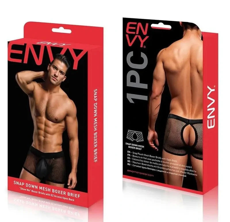 ENVY men's underwear packaging with a model wearing the product.