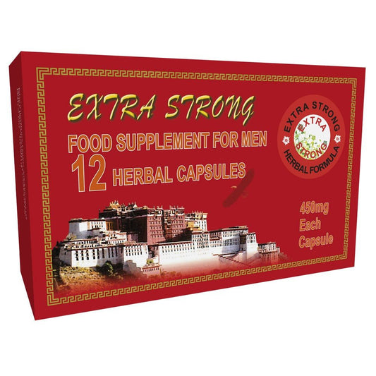 Red box of Extra Strong food supplement for men with architectural design and text on a white background