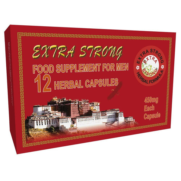 Red box of Extra Strong food supplement for men with architectural design and text on a white background