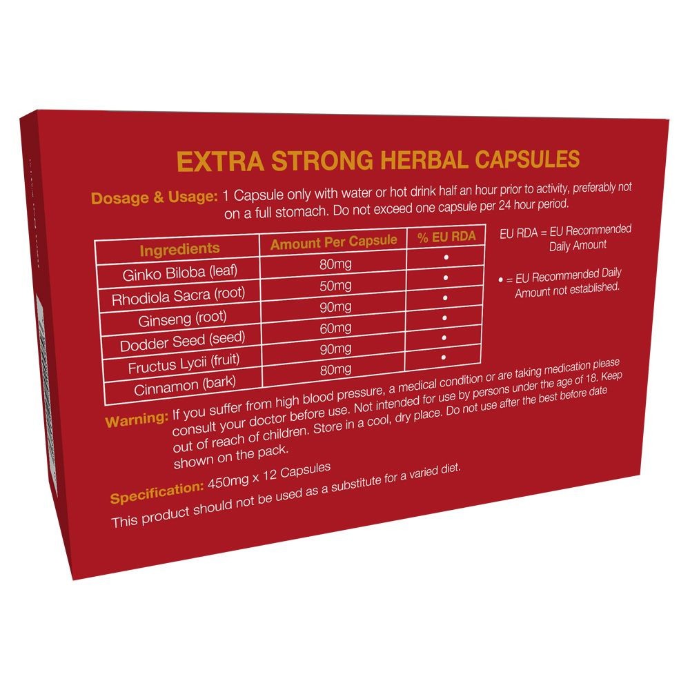 Red box of Extra Strong Herbal Capsules with dosage and usage information.