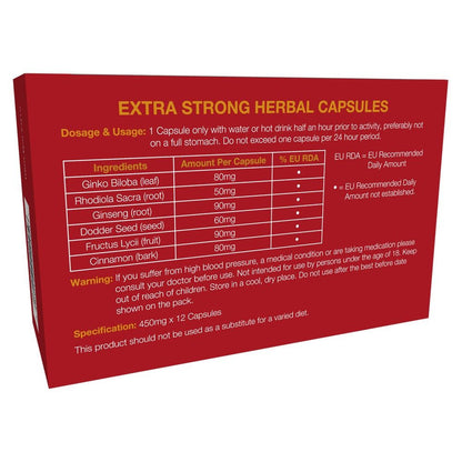 Red box of Extra Strong Herbal Capsules with dosage and usage information.