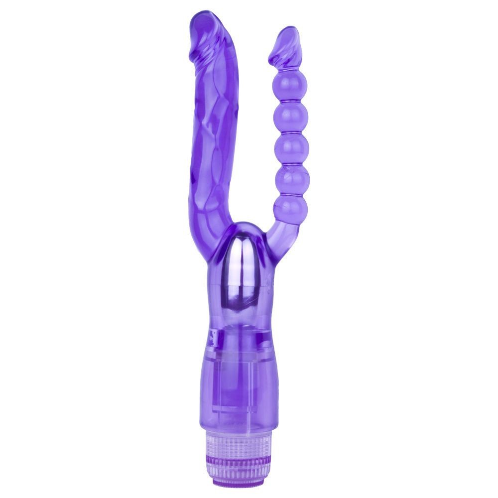 Purple double dildo vibrator with a curved design and textured handle on a white background