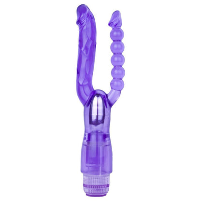 Purple double dildo vibrator with a curved design and textured handle on a white background