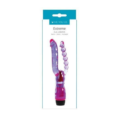 Pink and purple dual vibrator with packaging on a white background