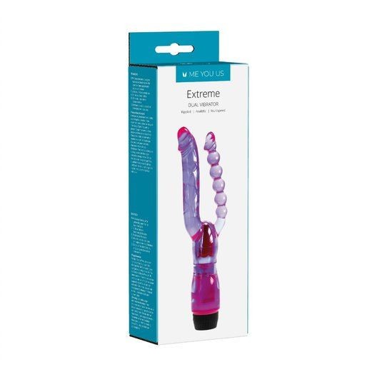 Pink and purple dual-beaded vibrator with packaging on a white background