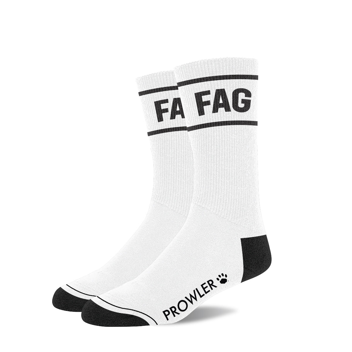 White socks with 'Fag' and 'Prowler' text on a white background