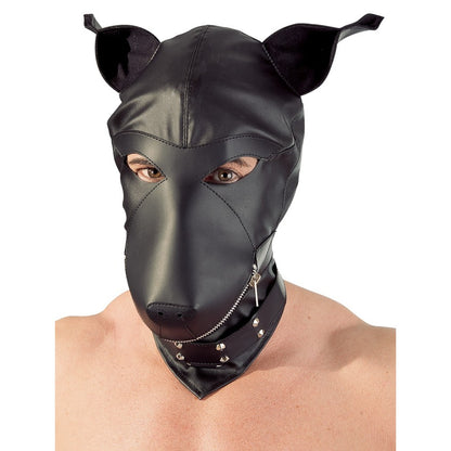 Black leather dog muzzle with ears on a white background