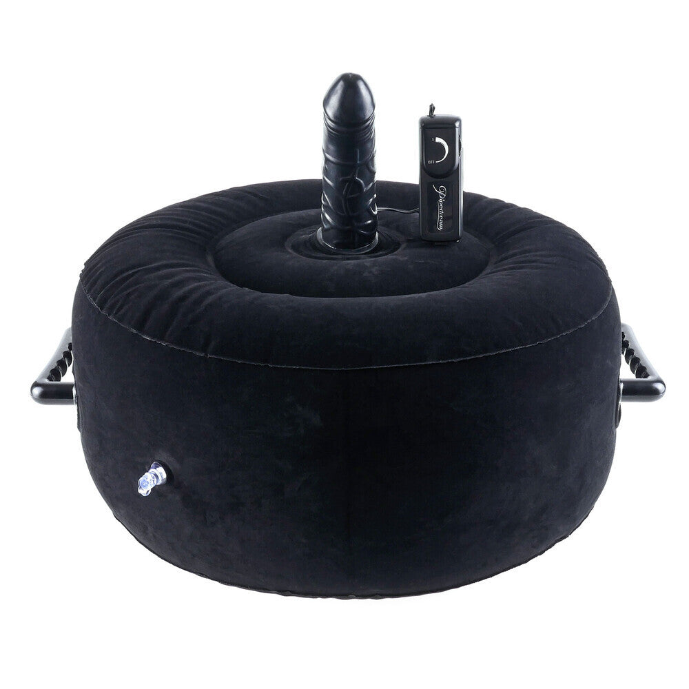 Black inflatable cushion with a cylindrical pillow and control valve on a white background