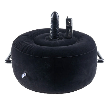 Black inflatable cushion with a cylindrical pillow and control valve on a white background