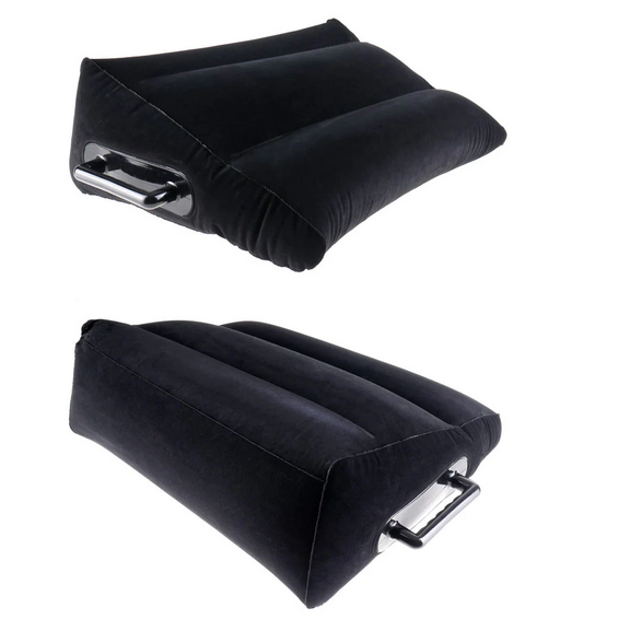 Black inflatable sex pillow shown in two stages of inflation on a white background
