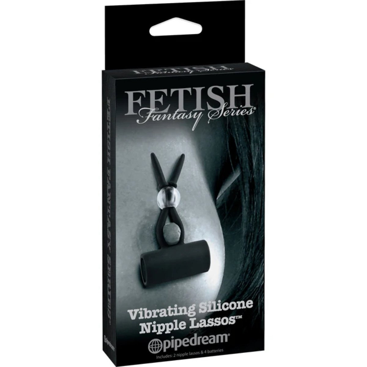 Packaging of a vibrating silicone nipple lasso from Fetish Fantasy Series by Pipedream on a white background.