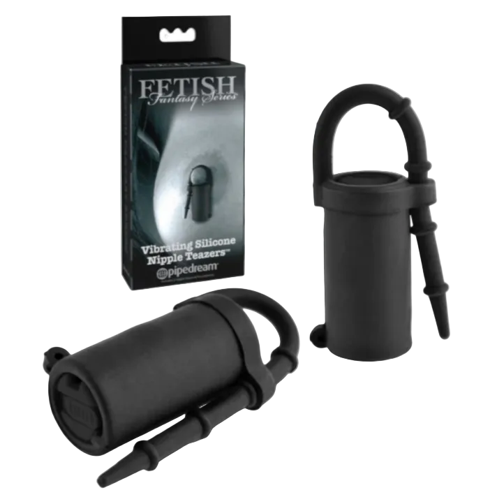 Black silicone nipple teaser with packaging on a white background