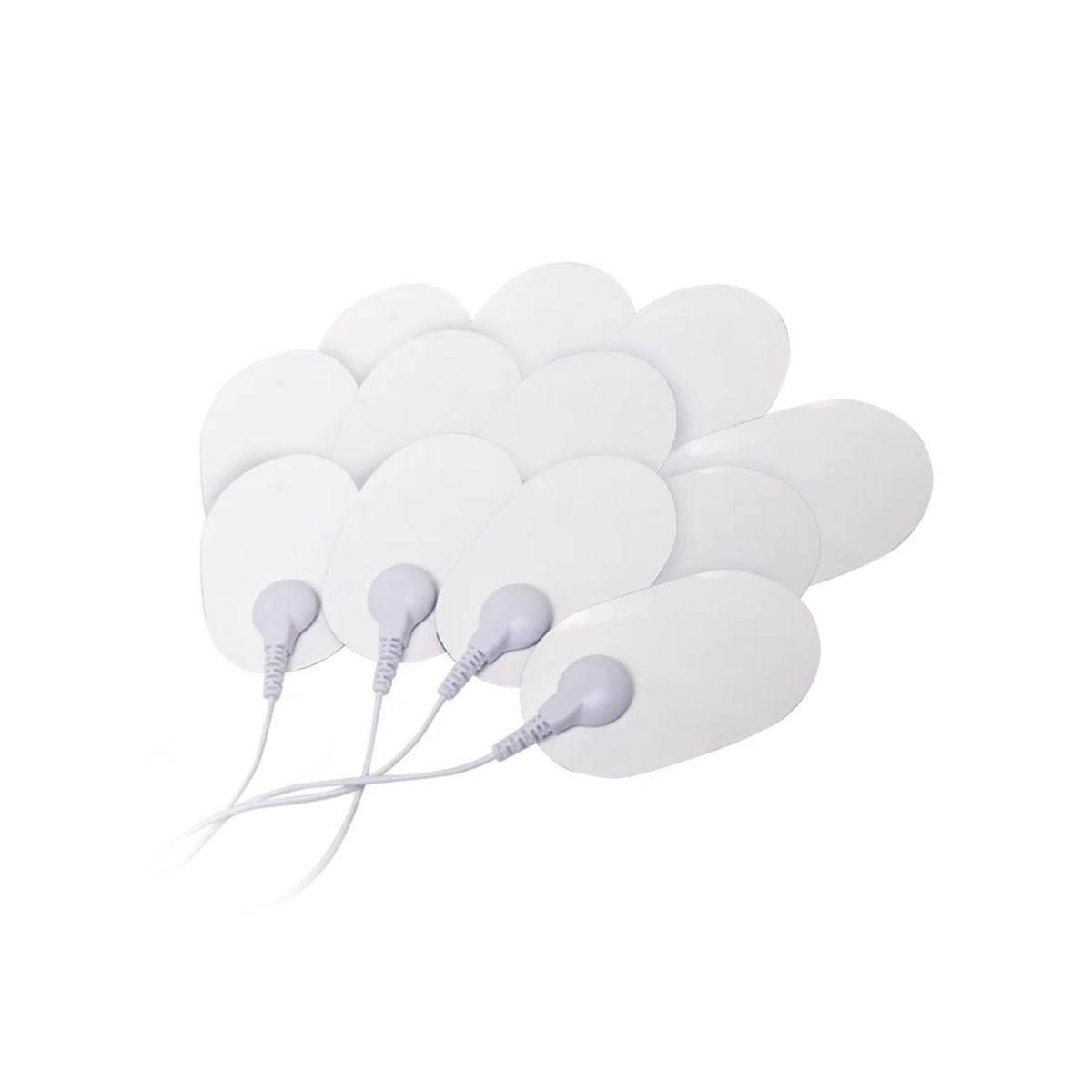 Set of white medical electrodes with leads on a white background