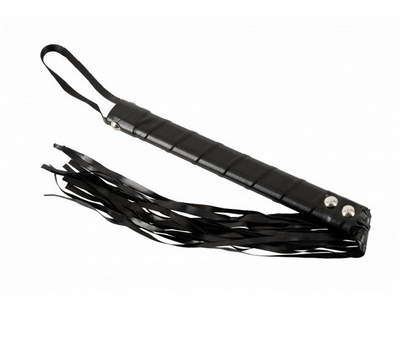 Black leather flogger on a white background