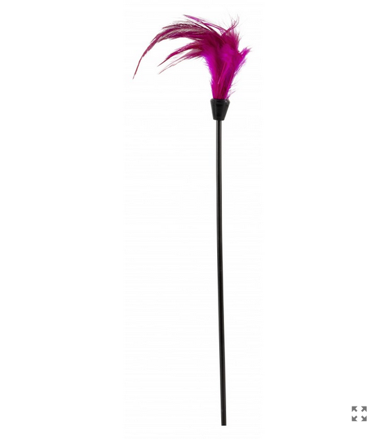 Black sex toy with pink feathers on a white background