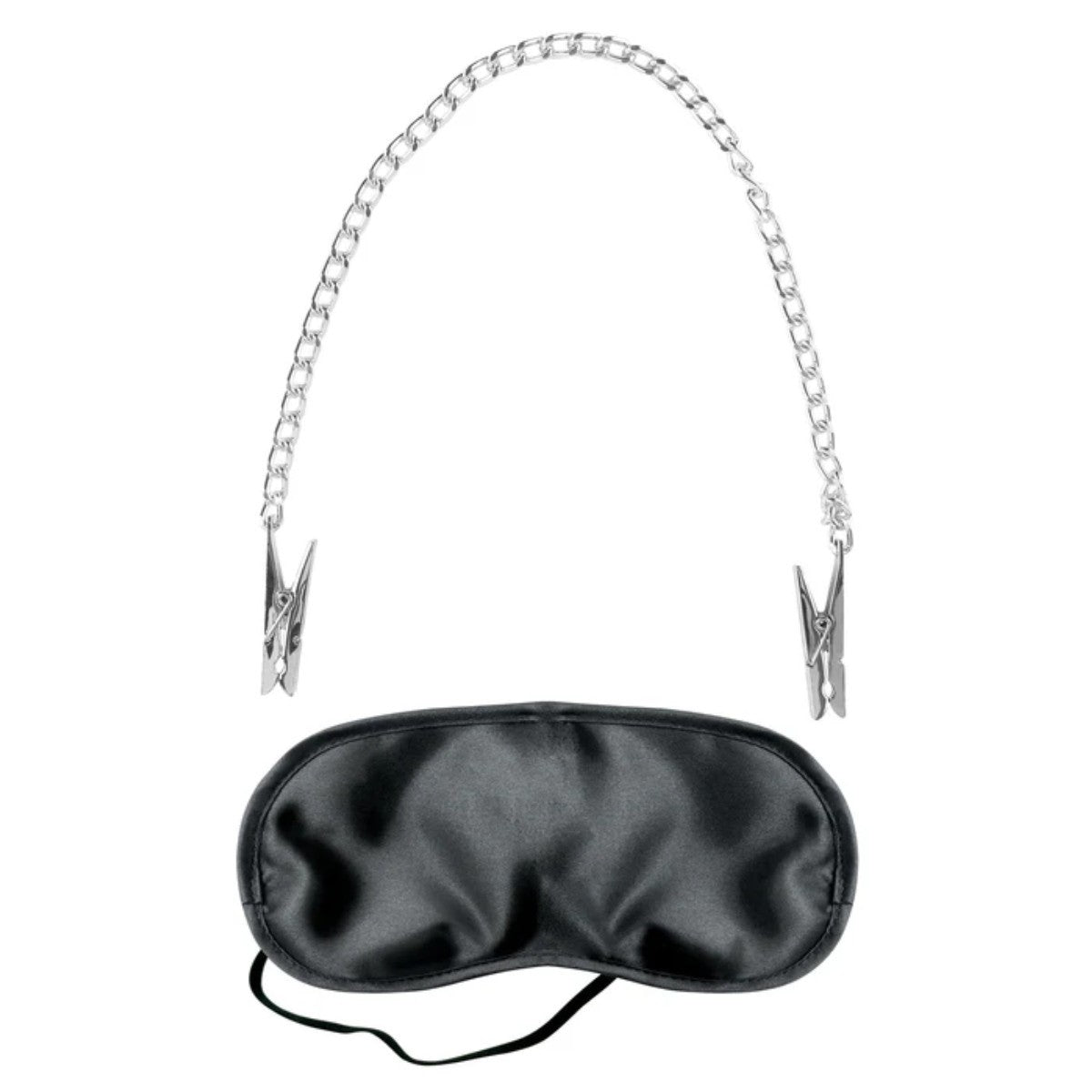 Black satin eye mask with metal nipple clips on a white background