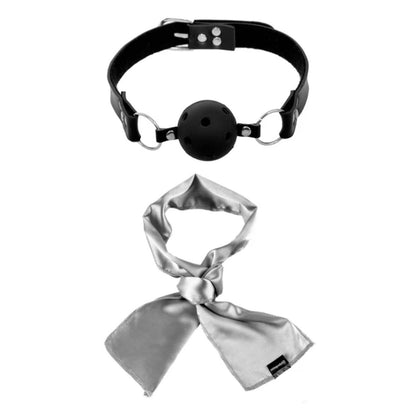 Black choker with a ball gag and a silver satin ribbon on a white background
