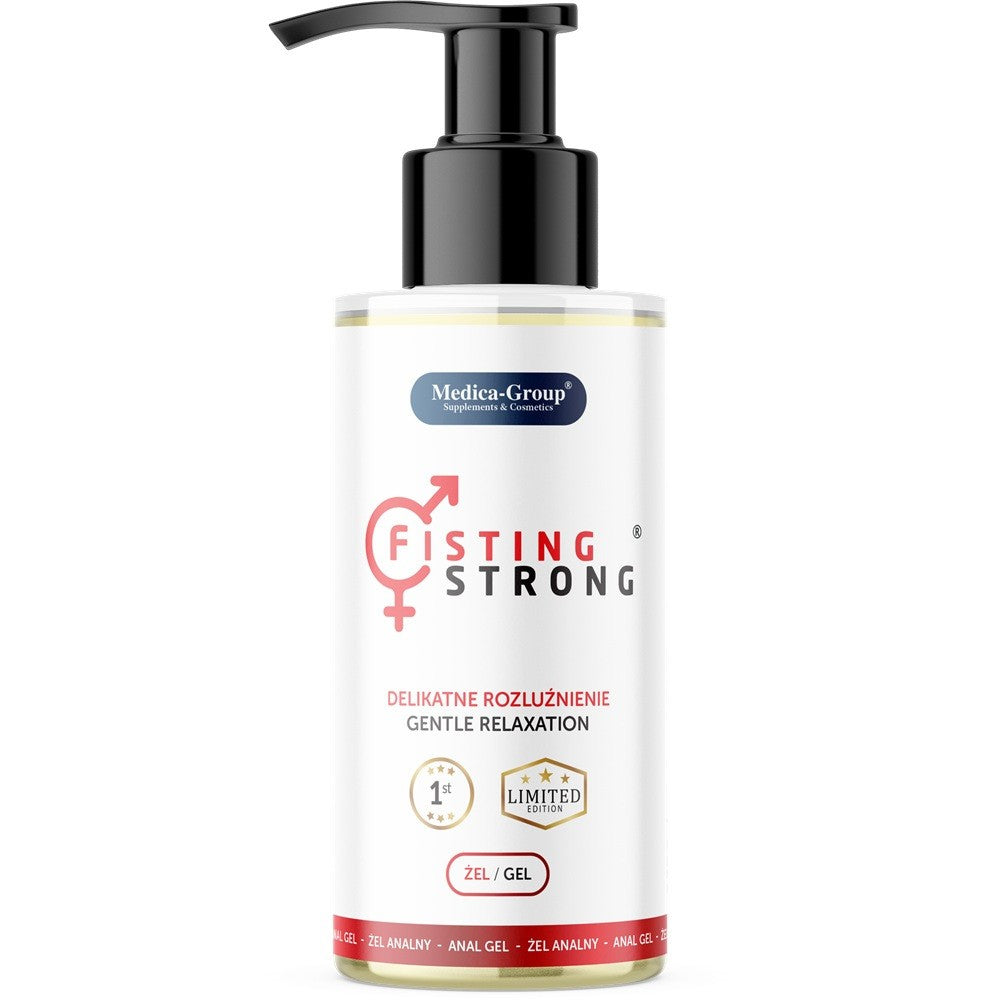 Bottle of 'Fisting Strong' gel with Medica Group branding on a white background
