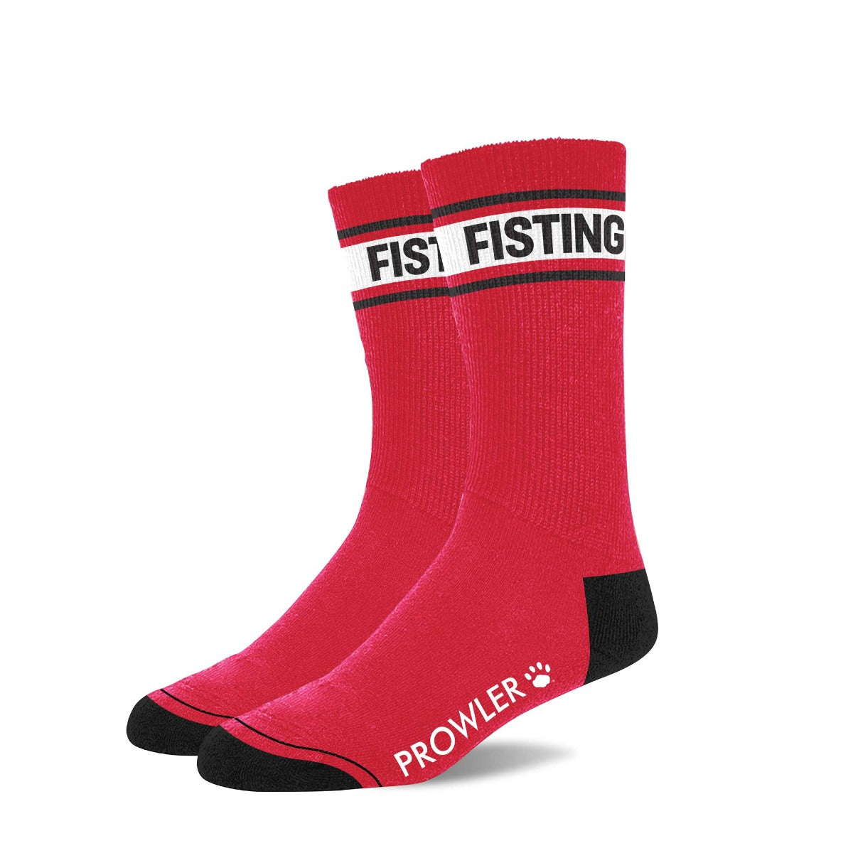 Red socks with black accents and visible branding on a white background