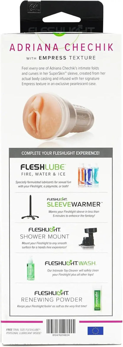 Fleshlight packaging with Adriana Chechik branding and product images.